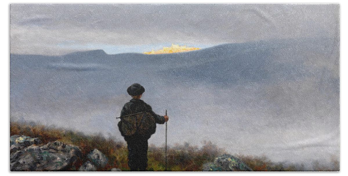 Theodor Kittelsen Bath Towel featuring the painting Far far away Soria Moria Palace shimmered like Gold by Theodor Kittelsen