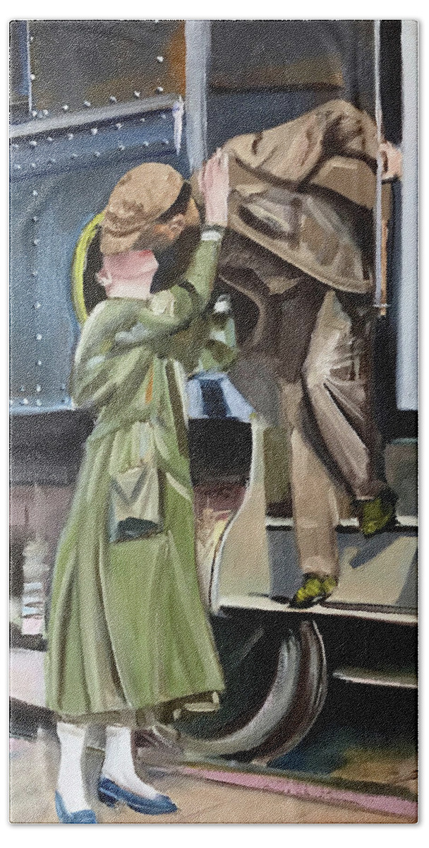 World War One Hand Towel featuring the painting Farewell Kiss by Josef Kelly