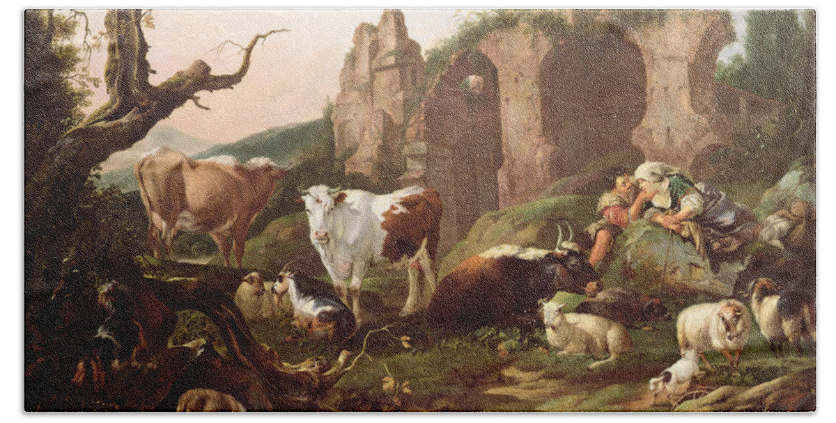 Farm Hand Towel featuring the painting Farm animals in a landscape by Johann Heinrich Roos