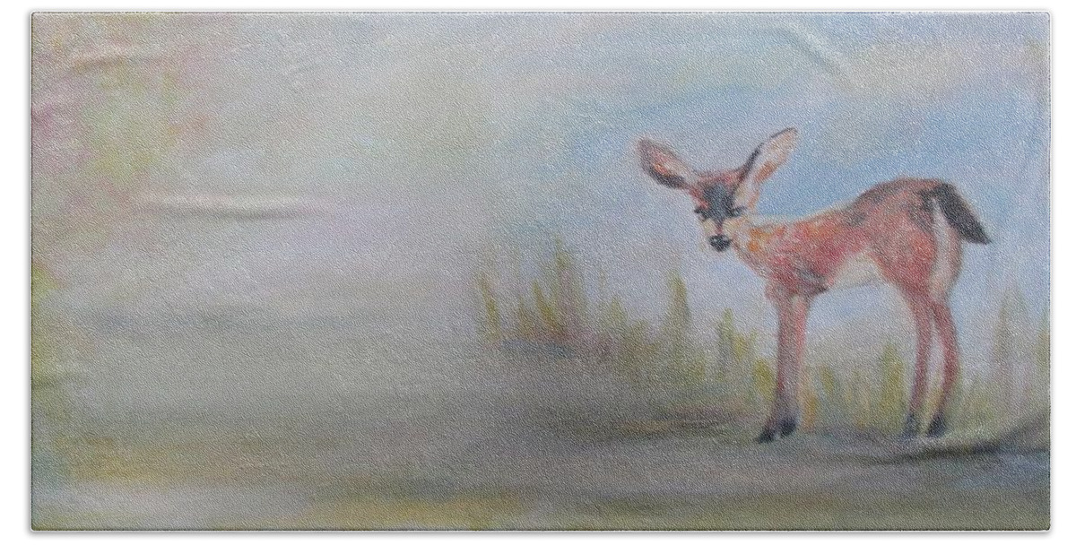 Fawn Hand Towel featuring the painting Fawn Day by Denice Palanuk Wilson