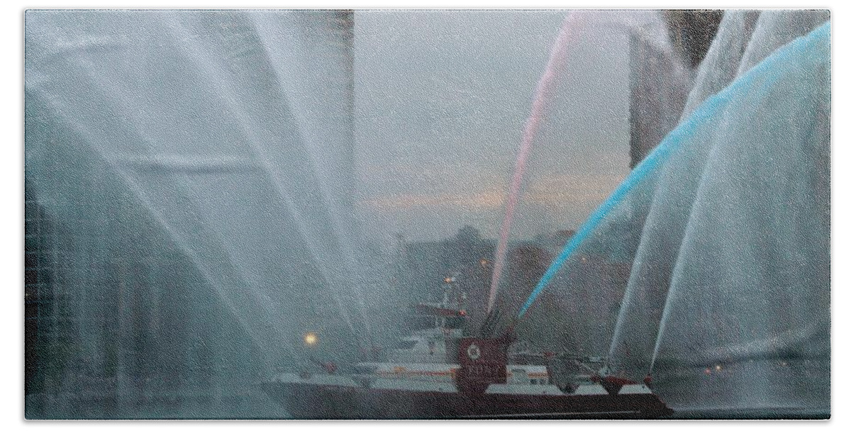 Nyfd Fire Boat Hand Towel featuring the photograph FDNY Spray Show by Catie Canetti