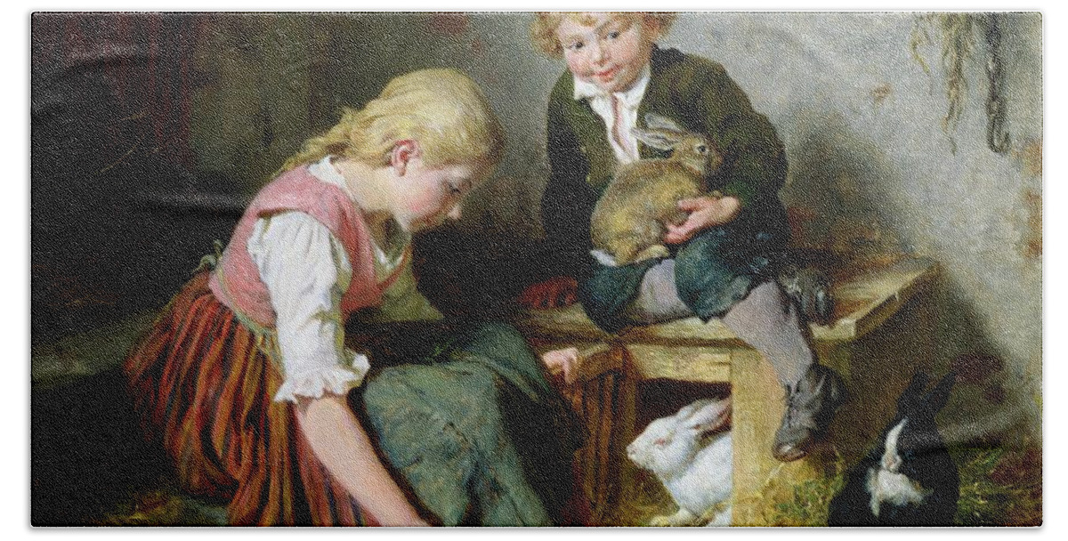Feeding Bath Towel featuring the painting Feeding the Rabbits by Felix Schlesinger