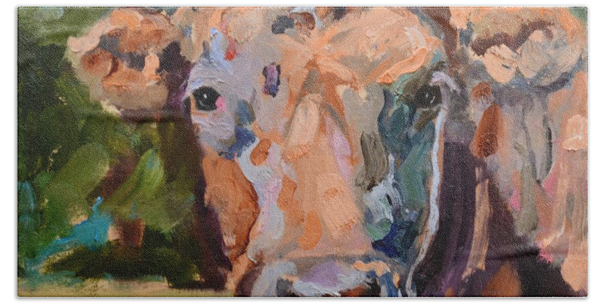 Cow Hand Towel featuring the painting Feeling Peachy Cow Painting by Donna Tuten