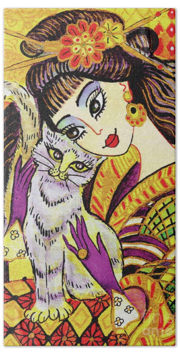 Woman And Cat Hand Towel featuring the painting Feline Rhapsody by Eva Campbell