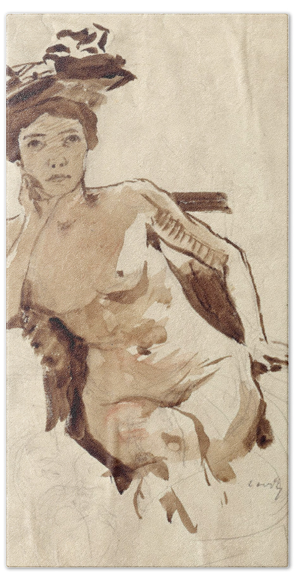 Lovis Corinth Bath Towel featuring the drawing Female Semi-Nude with Hat by Lovis Corinth