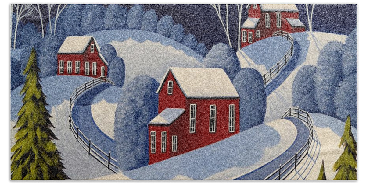 Winter Bath Towel featuring the painting Fenced Roads - folk art winter landscape by Debbie Criswell