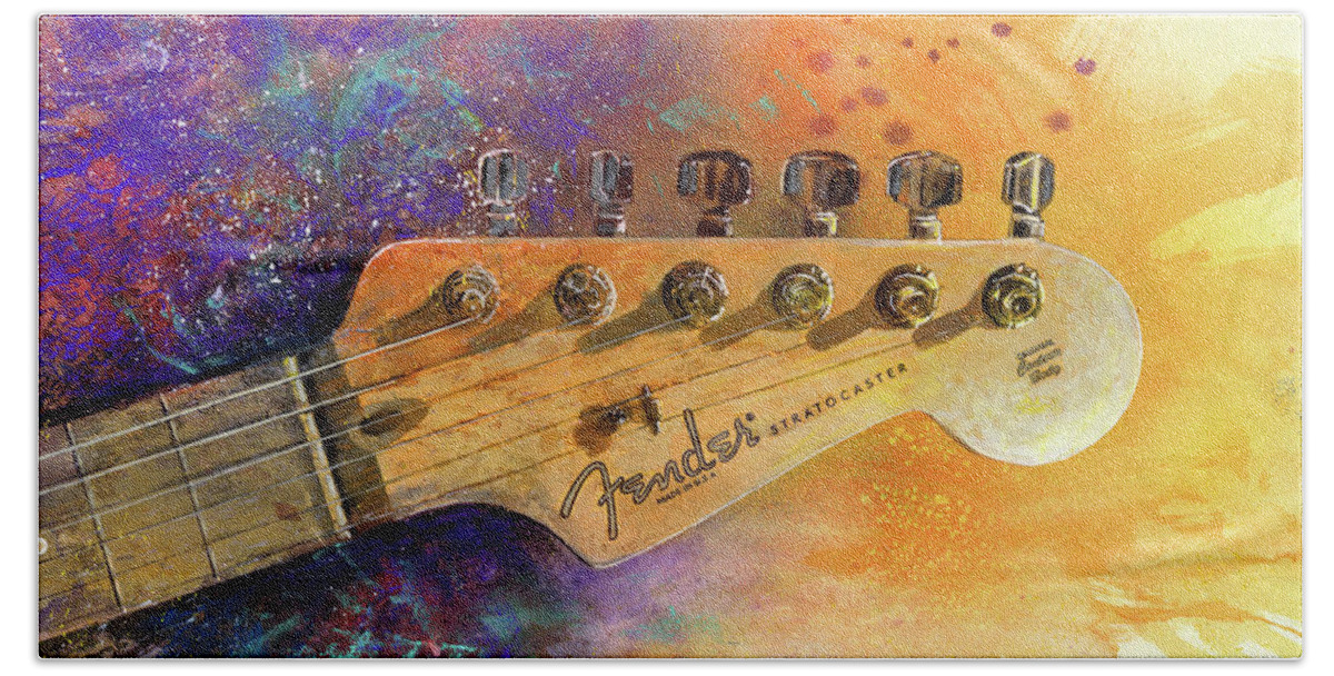 Fender Stratocaster Hand Towel featuring the painting Fender Head by Andrew King