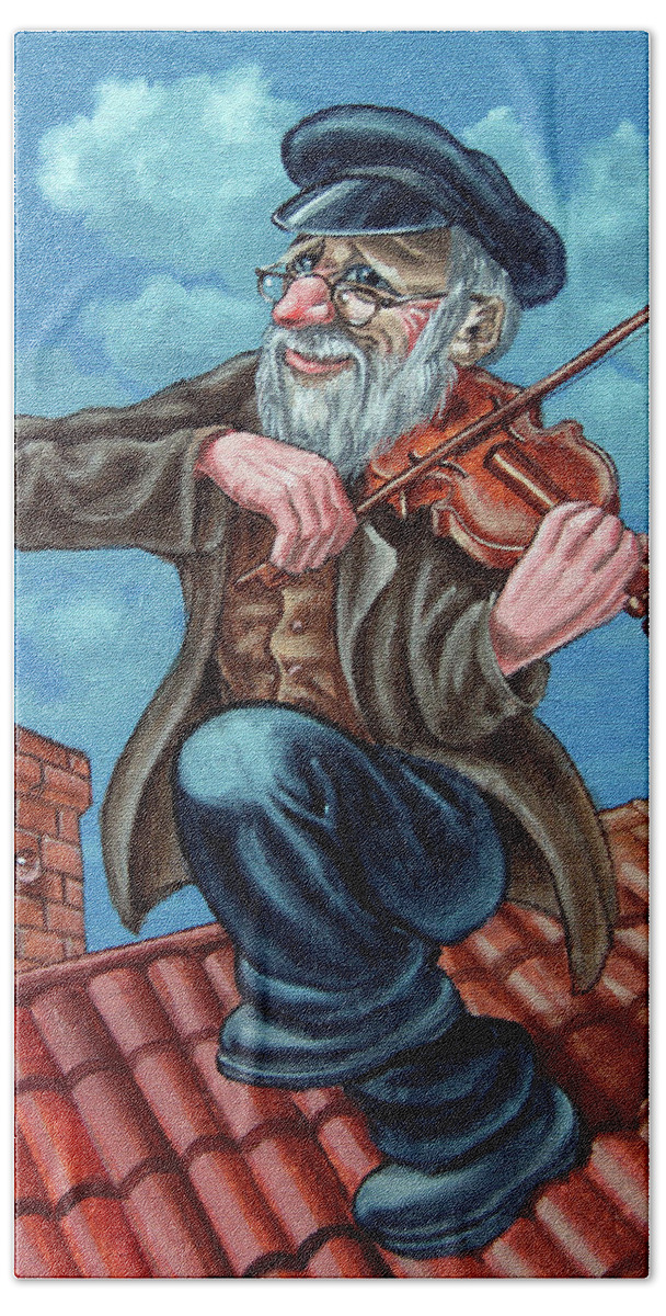 Violinist Bath Towel featuring the painting Fiddler on the Roof. op2608 by Victor Molev