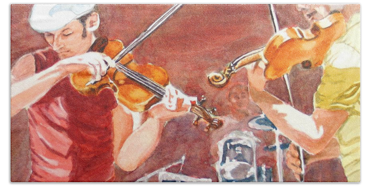 Musicians Bath Towel featuring the painting Fiddles by Karen Ilari