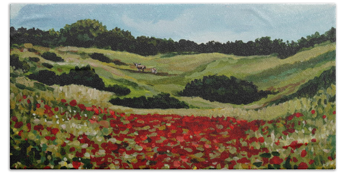 Landscape Bath Sheet featuring the painting Field of Poppies by Elizabeth Robinette Tyndall