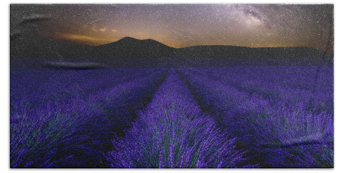 Night Stars Waterscape Lavender Mood Fields Provence Milkyway Clouds Nature Blue Sky Landscape Scenic Sea Nightscape Wonder Clouds Europe Bath Towel featuring the photograph Fields of Eden by Jorge Maia