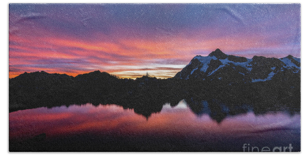 Mount Shuksan Bath Towel featuring the photograph Fiery Shuksan Sunrise Reflection by Mike Reid