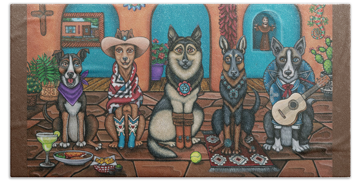 Dogs Hand Towel featuring the painting Fiesta Dogs by Victoria De Almeida
