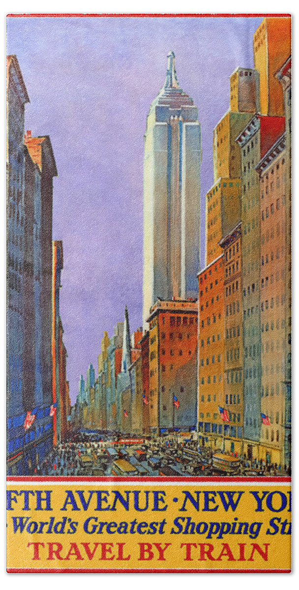 Fifth Avenue Hand Towel featuring the painting Fifth Avenue New York - Vintage Travel Poster by Studio Grafiikka