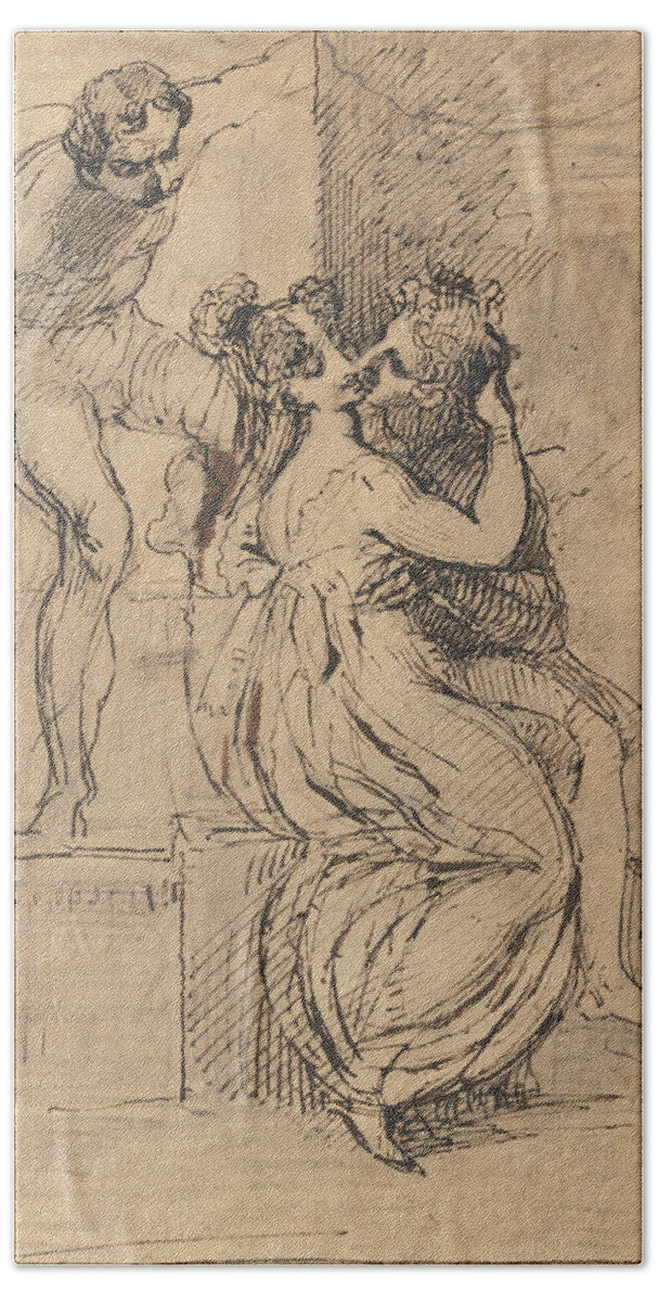 Fuseli Bath Towel featuring the drawing Figure Leaning over Stairs by Henry Fuseli