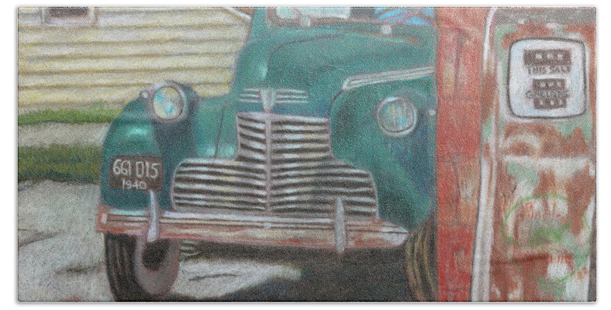 Buick Bath Towel featuring the painting Fill 'Er Up by Arlene Crafton