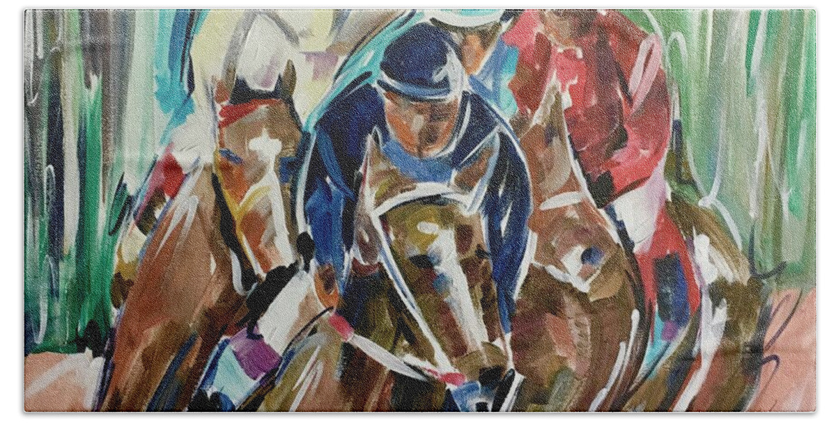 Horse Race Hand Towel featuring the painting Final Turn 2 by Alan Metzger