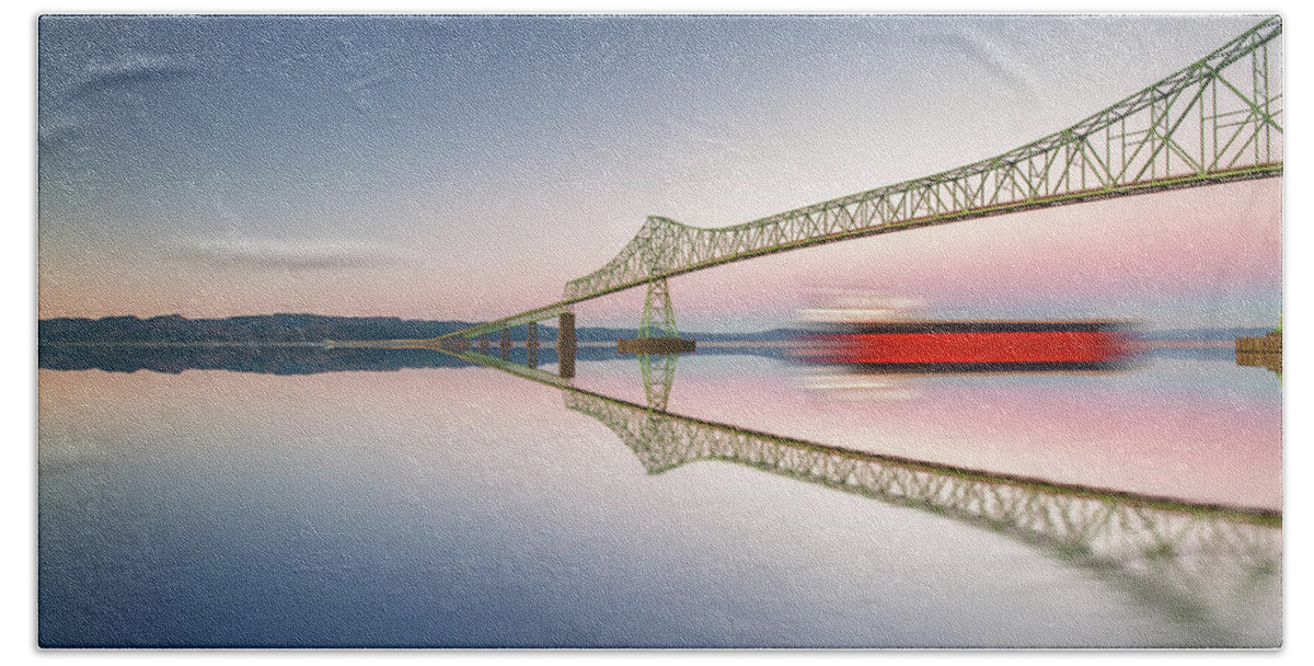 Oregon Bath Towel featuring the photograph Fine art bridge and ship in clear sky with reflections by William Lee