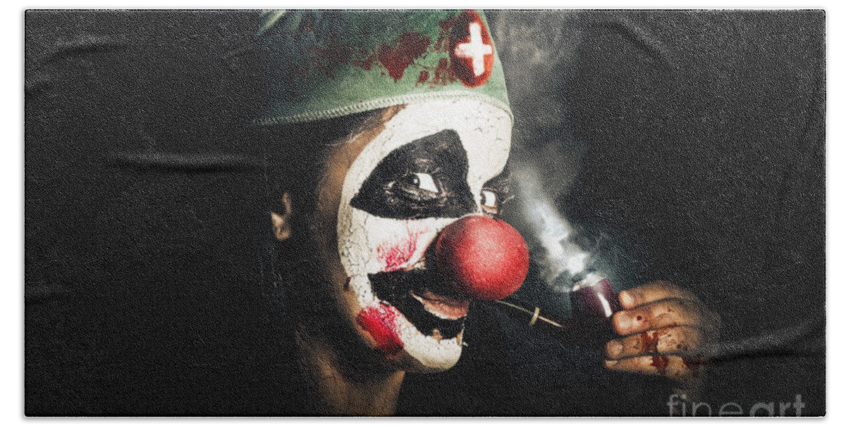 Clown Bath Towel featuring the photograph Fine art horror portrait. Smoking surgeon clown by Jorgo Photography