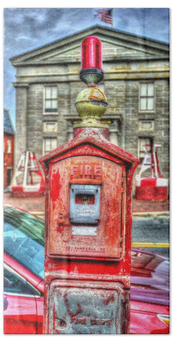 Hdr Bath Towel featuring the photograph Fire Alarm Box 375 in Painterly by Matt Swinden