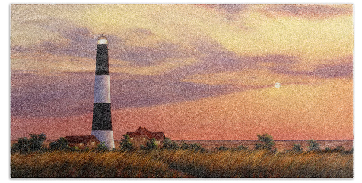 Lighthouse Bath Towel featuring the painting Fire Island Lighthouse by Diane Romanello