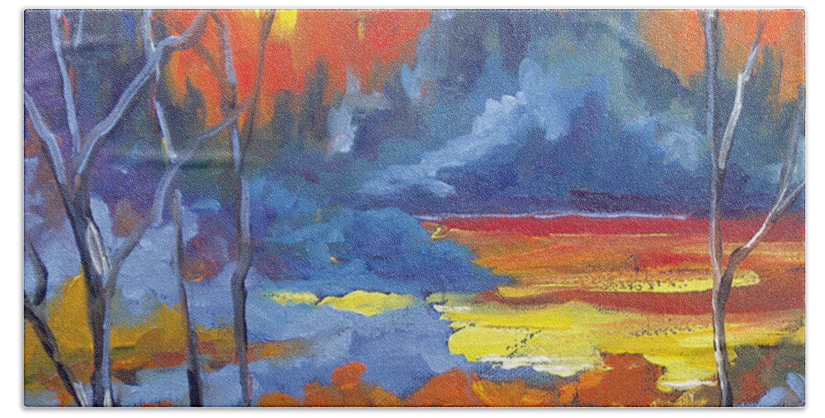 Art Hand Towel featuring the painting Fire Lake by Richard T Pranke