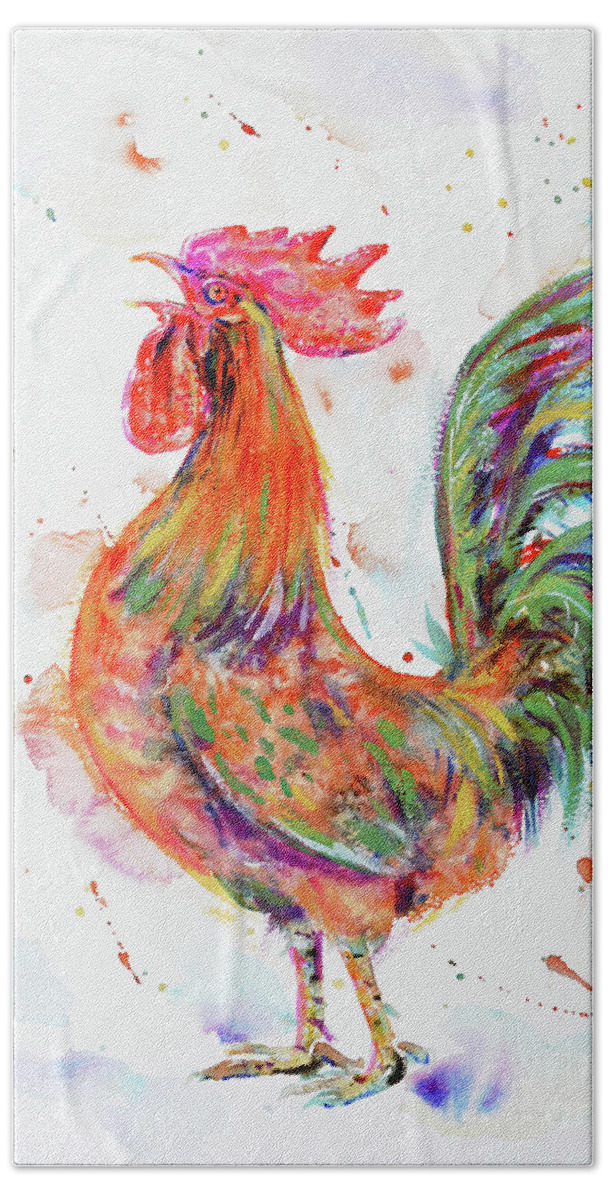 'fire Rooster' Bath Towel featuring the painting Fire Rooster by Zaira Dzhaubaeva