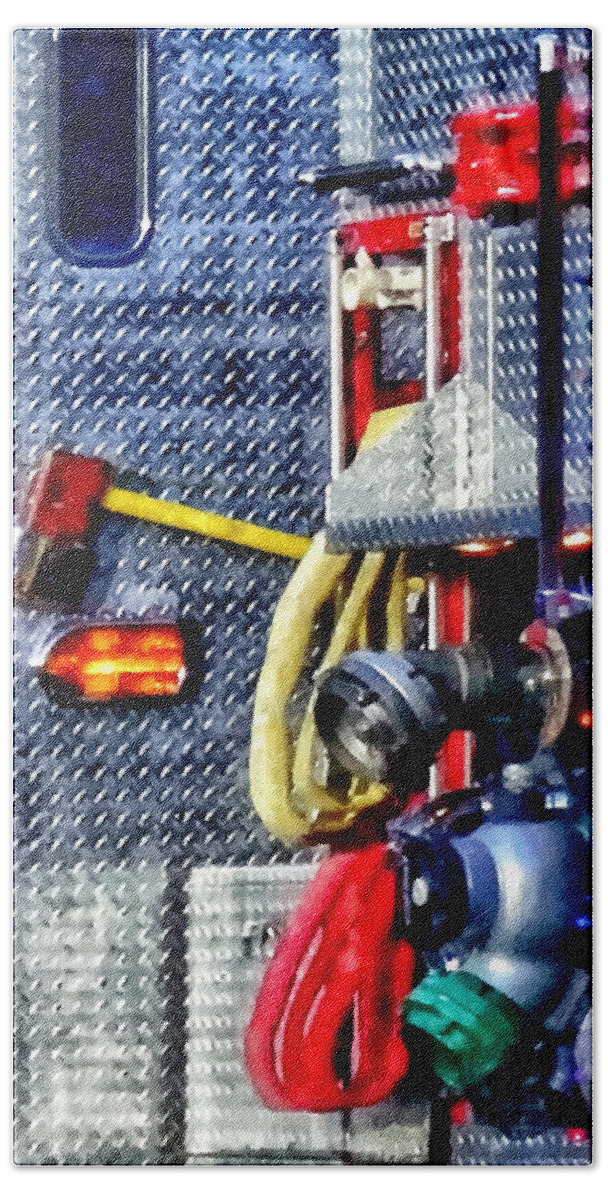 Ax Bath Towel featuring the photograph Fire Truck With Hoses and Ax by Susan Savad