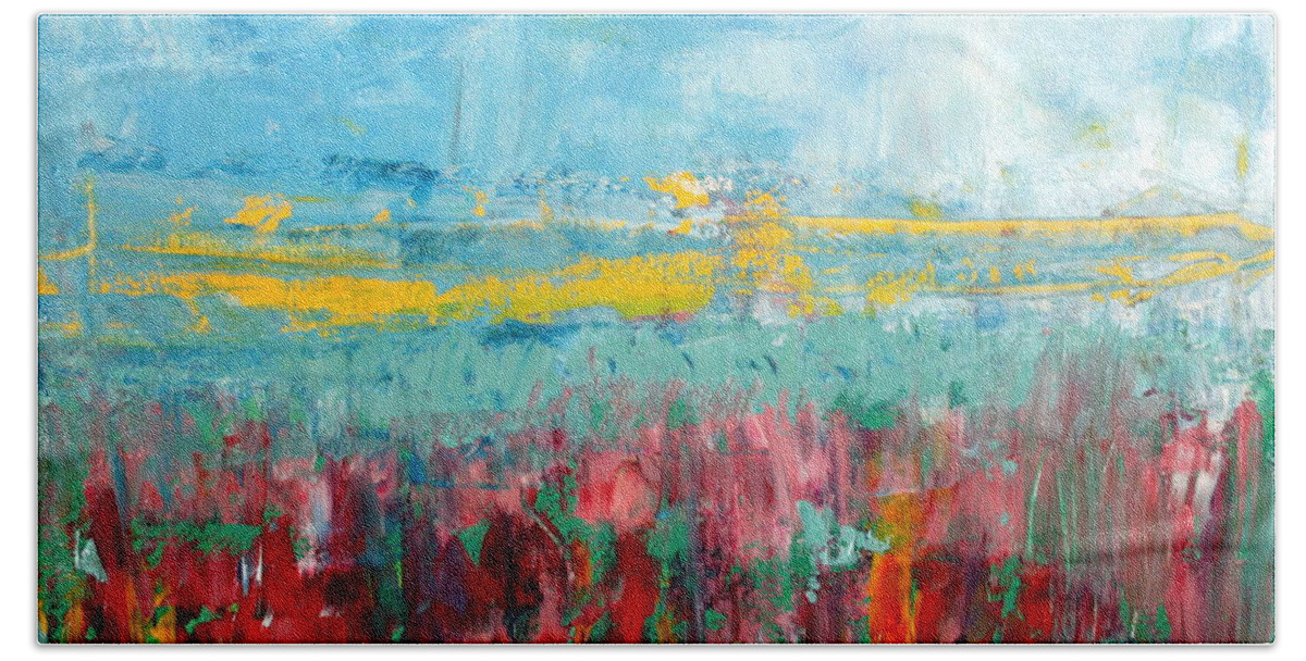 Abstract Bath Towel featuring the painting Fire weed by Julie Lueders 