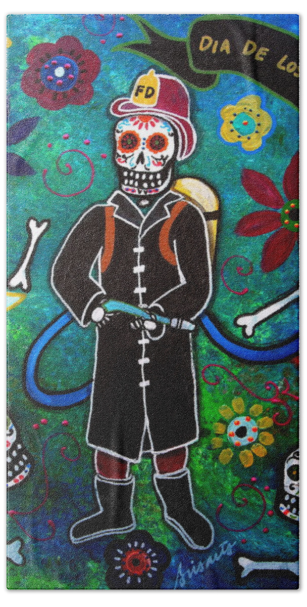 Dia Bath Towel featuring the painting Firefighter Day Of The Dead by Pristine Cartera Turkus
