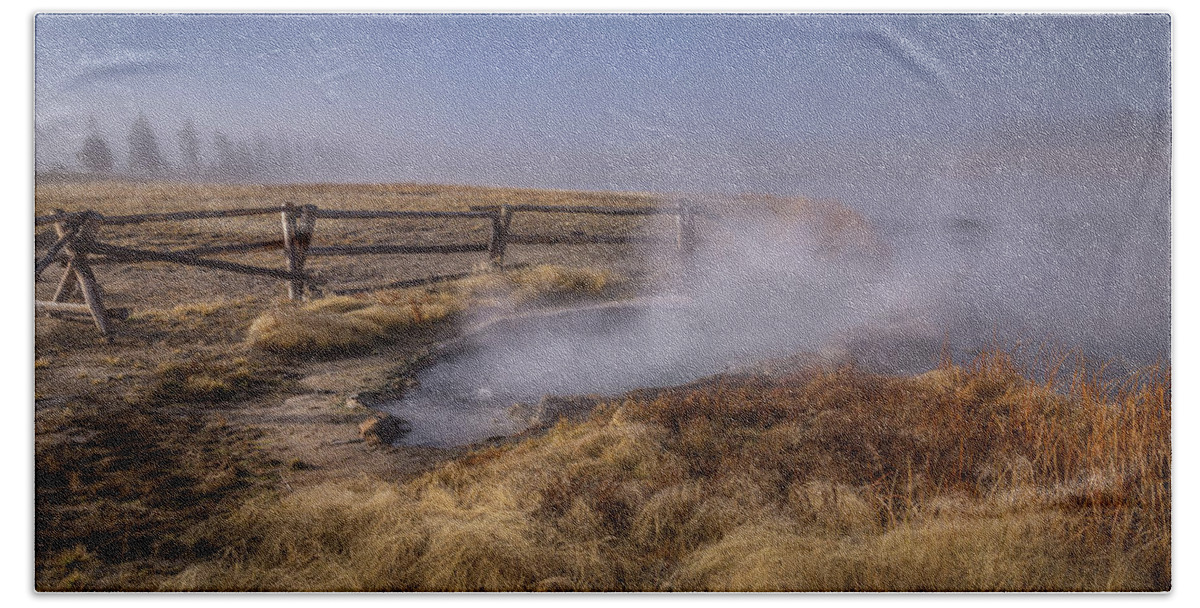 Fog Bath Sheet featuring the photograph Firehole River Hotspring by Jen Manganello