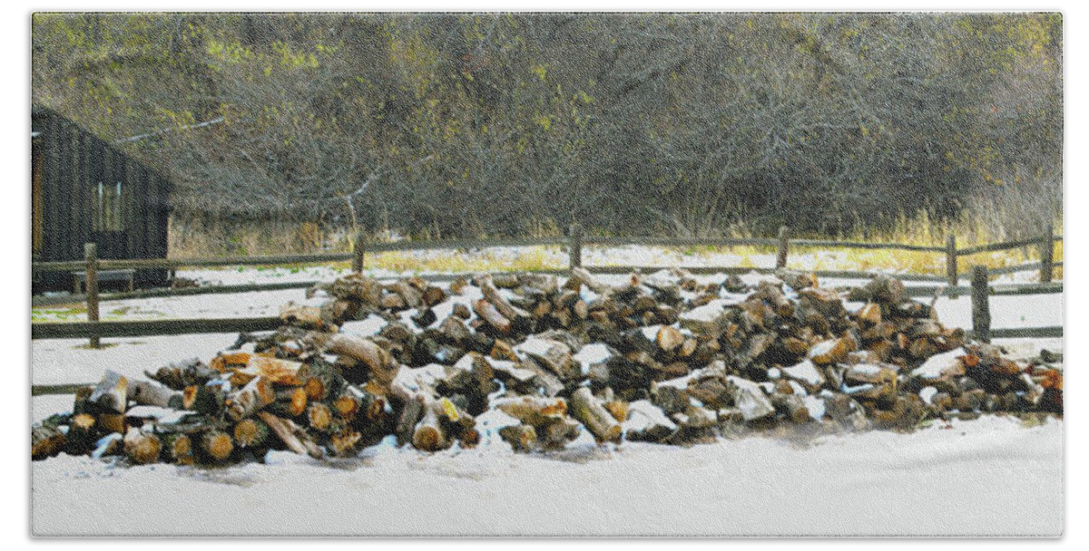 Fort Tejon Hand Towel featuring the photograph Firewood in the Snow at Fort Tejon by Floyd Snyder