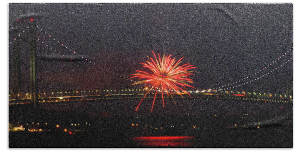 Fireworks Over The Verrazano Narrows Bridge Landscape Hand Towel featuring the photograph Fireworks 2 by Kenneth Cole