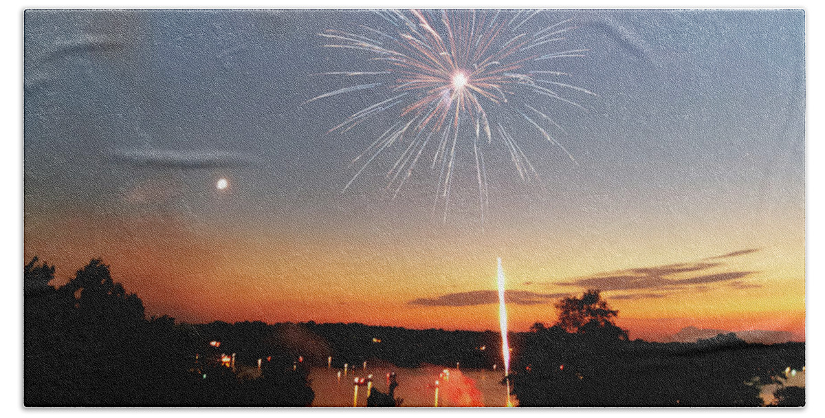 Fireworks Hand Towel featuring the photograph Fireworks and Sunset by Amber Flowers
