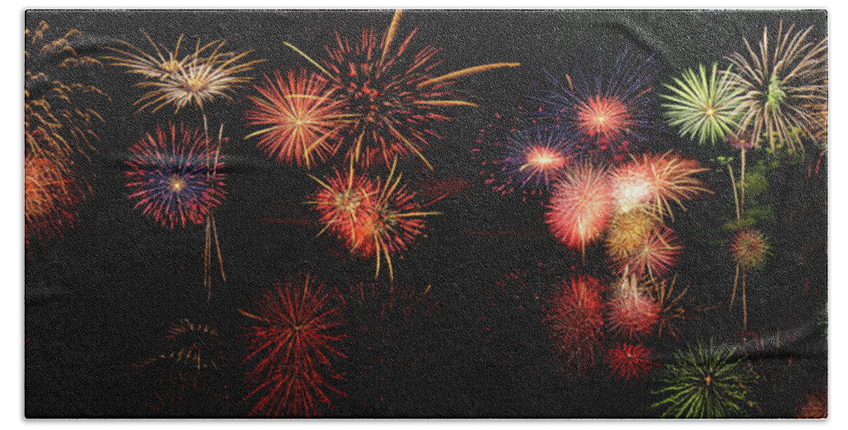 Fireworks Hand Towel featuring the digital art Fireworks Reflection In Water Panorama by OLena Art