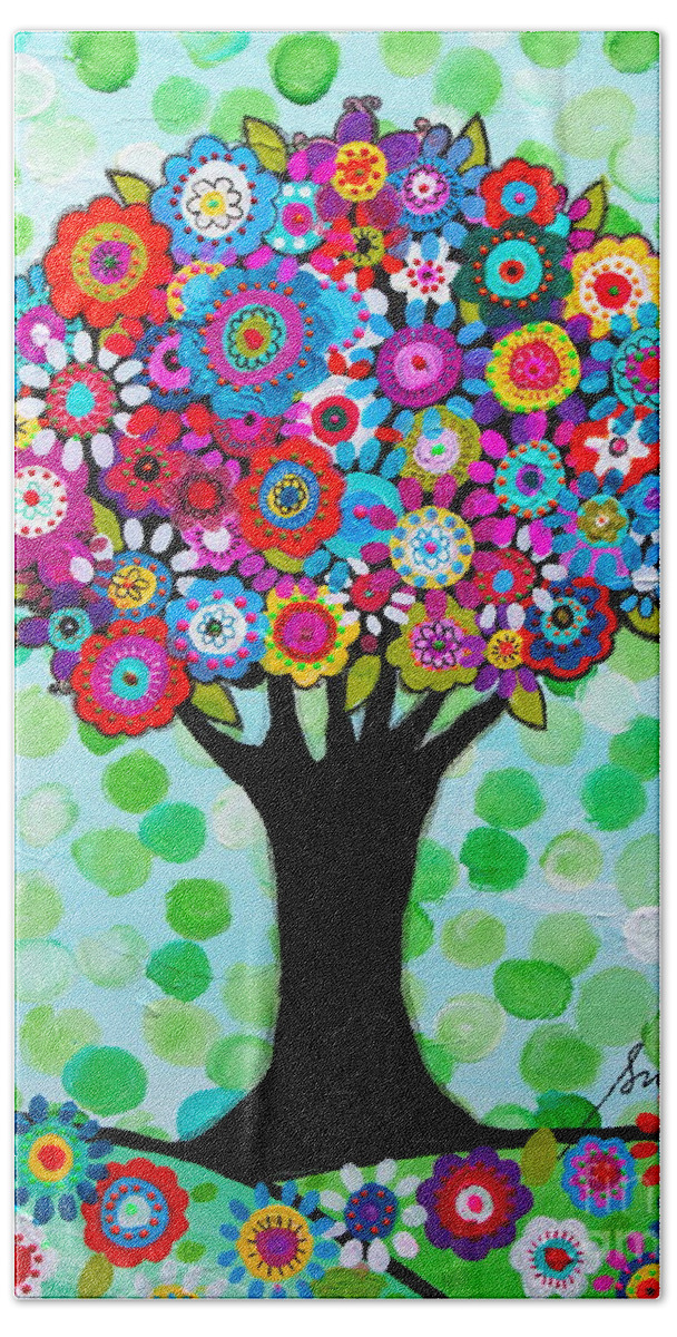 Tree Of Life Bath Towel featuring the painting First Day Of Spring by Pristine Cartera Turkus