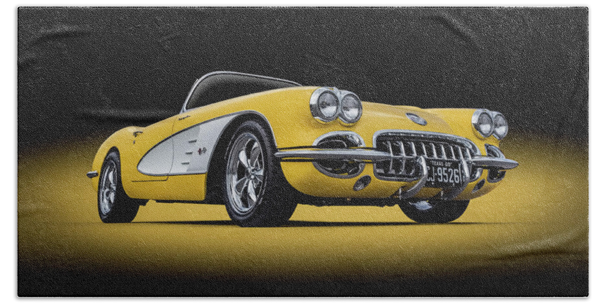Corvette Hand Towel featuring the digital art 1960 Yellow and White Corvette Convertible by Douglas Pittman