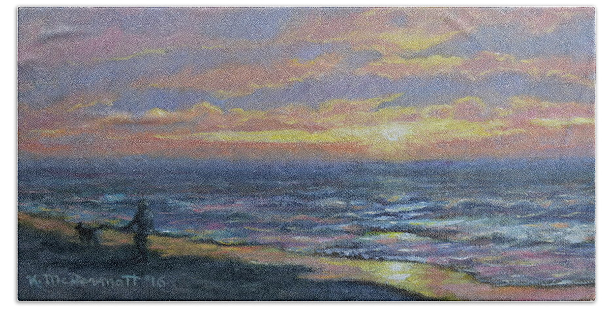 Beach Hand Towel featuring the painting First Light - Golden Mile by Kathleen McDermott
