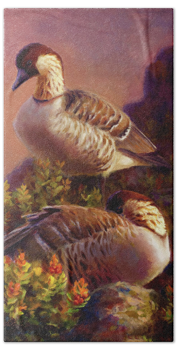 Art Bath Towel featuring the painting First Light Nene Hawaiian Goose by K Whitworth