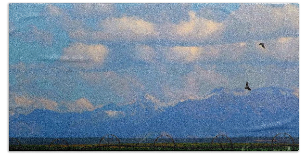 First Snow Shows On The San Juans In The Distance Over The Alfalfa Fields From Nucla Mesa Colorado Hand Towel featuring the digital art First snow by Annie Gibbons