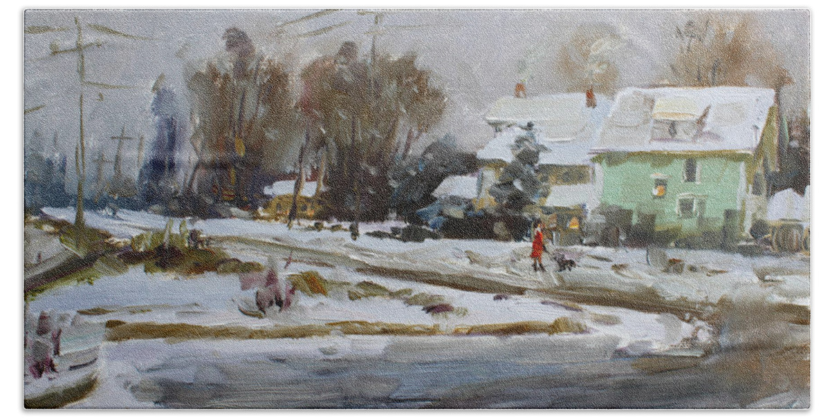 First Snow Hand Towel featuring the painting First Snow for this Winter by Ylli Haruni
