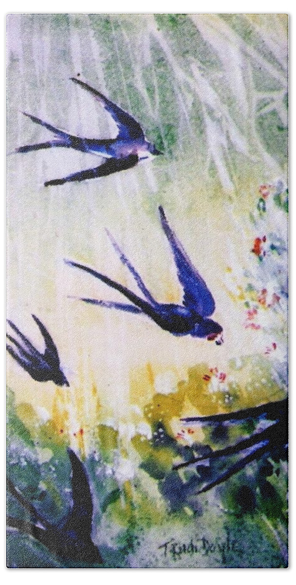 First Swallows Bath Towel featuring the painting First Swallows of Summer by Trudi Doyle