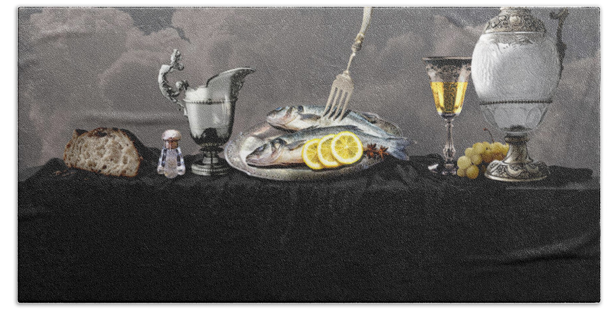 Realism Hand Towel featuring the digital art Fish diner in silver by Alexa Szlavics