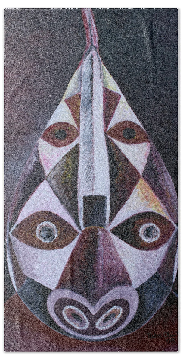 Oil On Canvas Hand Towel featuring the painting Fish Mask by Obi-Tabot Tabe