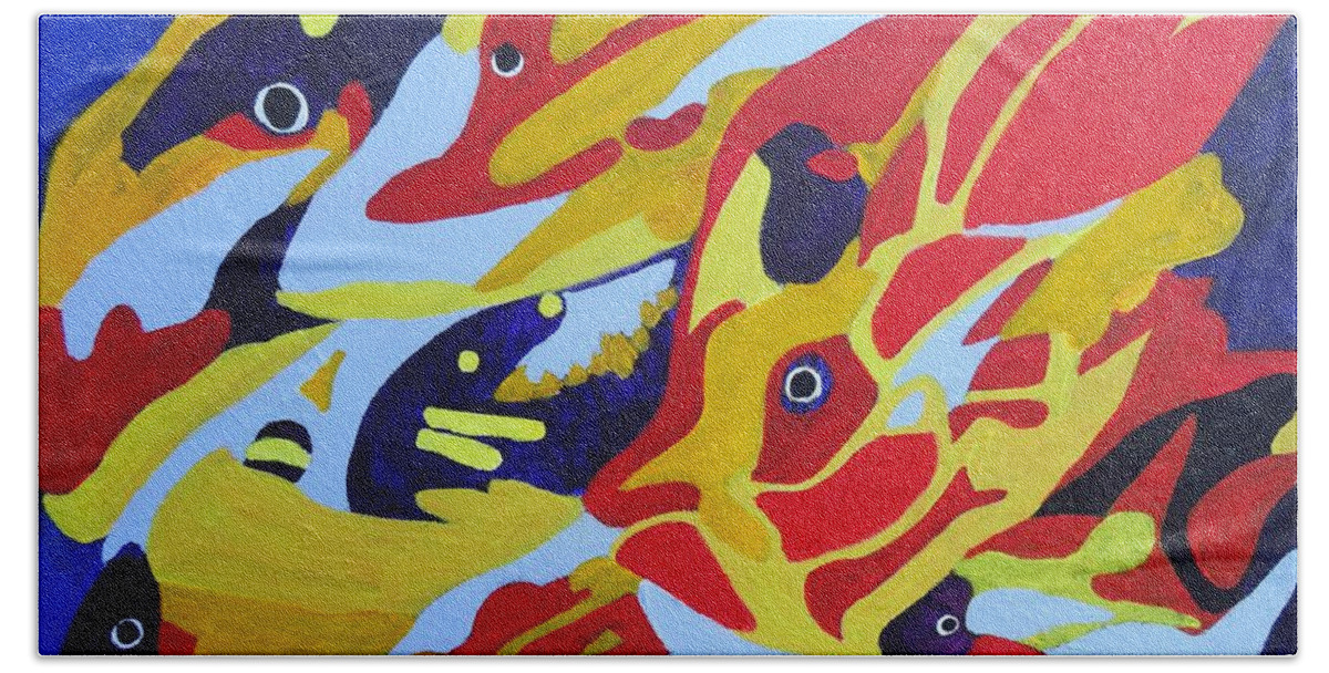 Fish Shoal Hand Towel featuring the painting Fish Shoal Abstract 2 by Karen Jane Jones