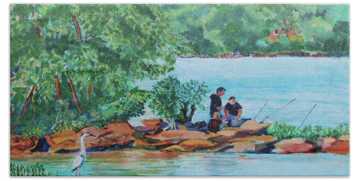 Fishing Bath Towel featuring the painting Fishin' Sticks by Jeannie Allerton