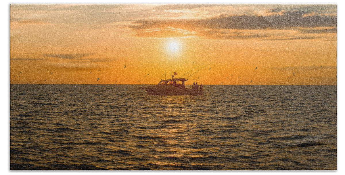 Fishing Bath Towel featuring the photograph Fishing as the Sun Goes Down by Mark Rogers