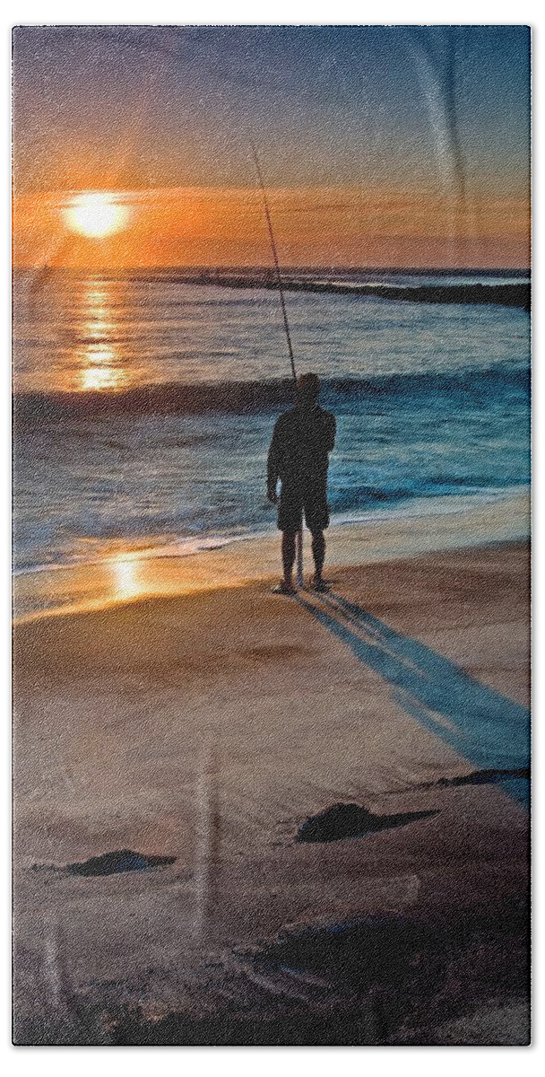 Dawn Hand Towel featuring the photograph Fishing at dawn on the Indian River inlet by Bill Jonscher