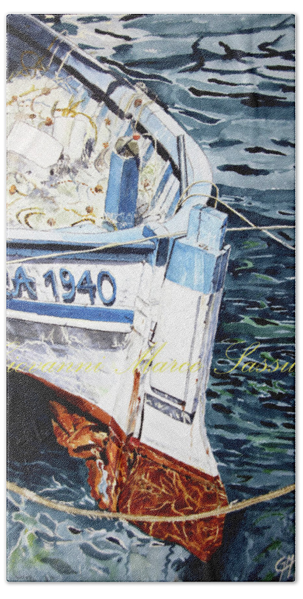 Watercolor Hand Towel featuring the painting Fishing boat CA 1940 by Giovanni Marco Sassu