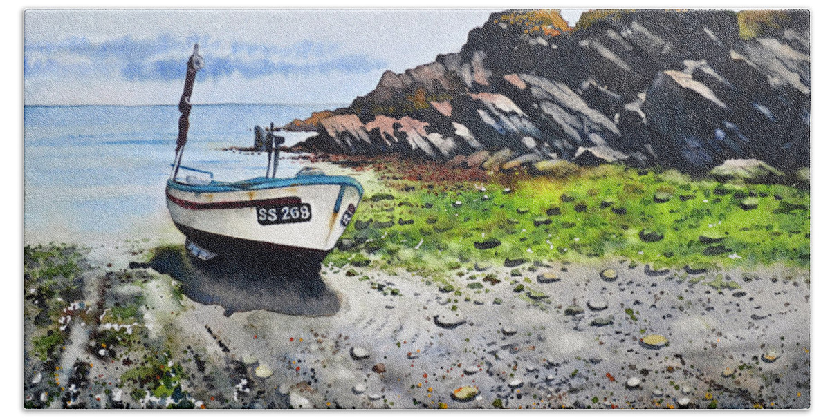 Tide Out Hand Towel featuring the painting Fishing Boat Cadgwith by Paul Dene Marlor